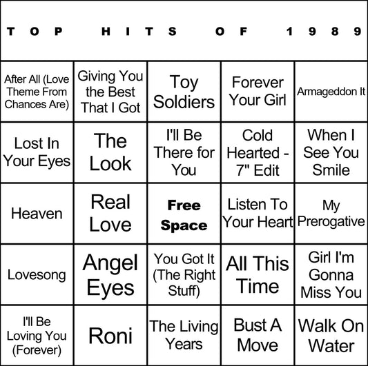 Top Hits of 1989 laminated music bingo card example