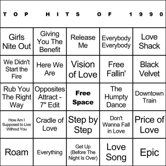 Top Hits of 1990 laminated music bingo card example