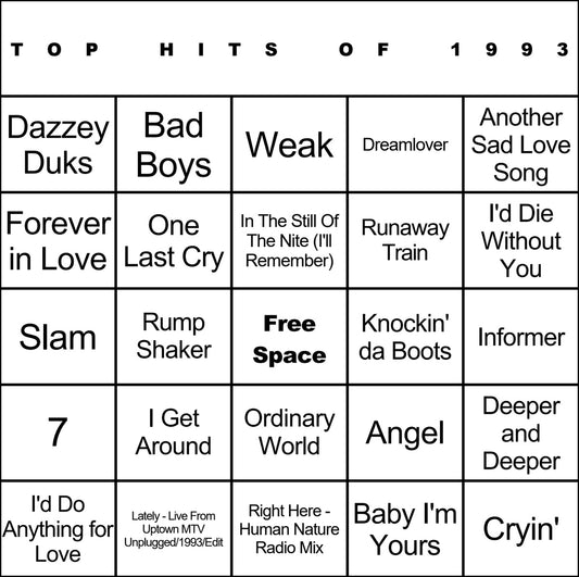 Top Hits of 1993 laminated music bingo card example