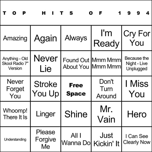 Top Hits of 1994 laminated music bingo card example