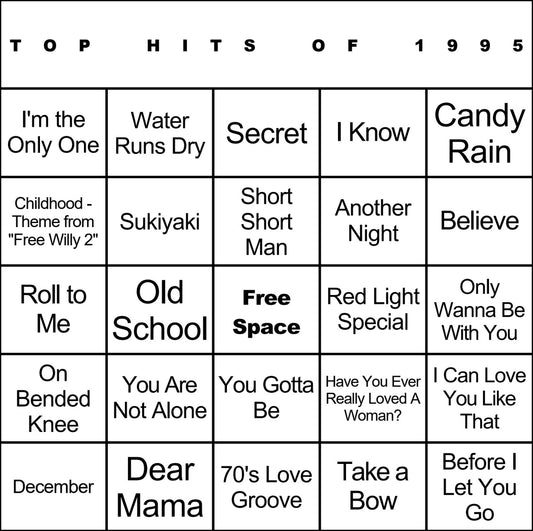 Top Hits of 1995 laminated music bingo card example