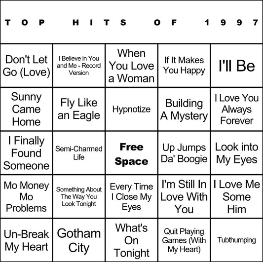 Top Hits of 1997 laminated music bingo card example
