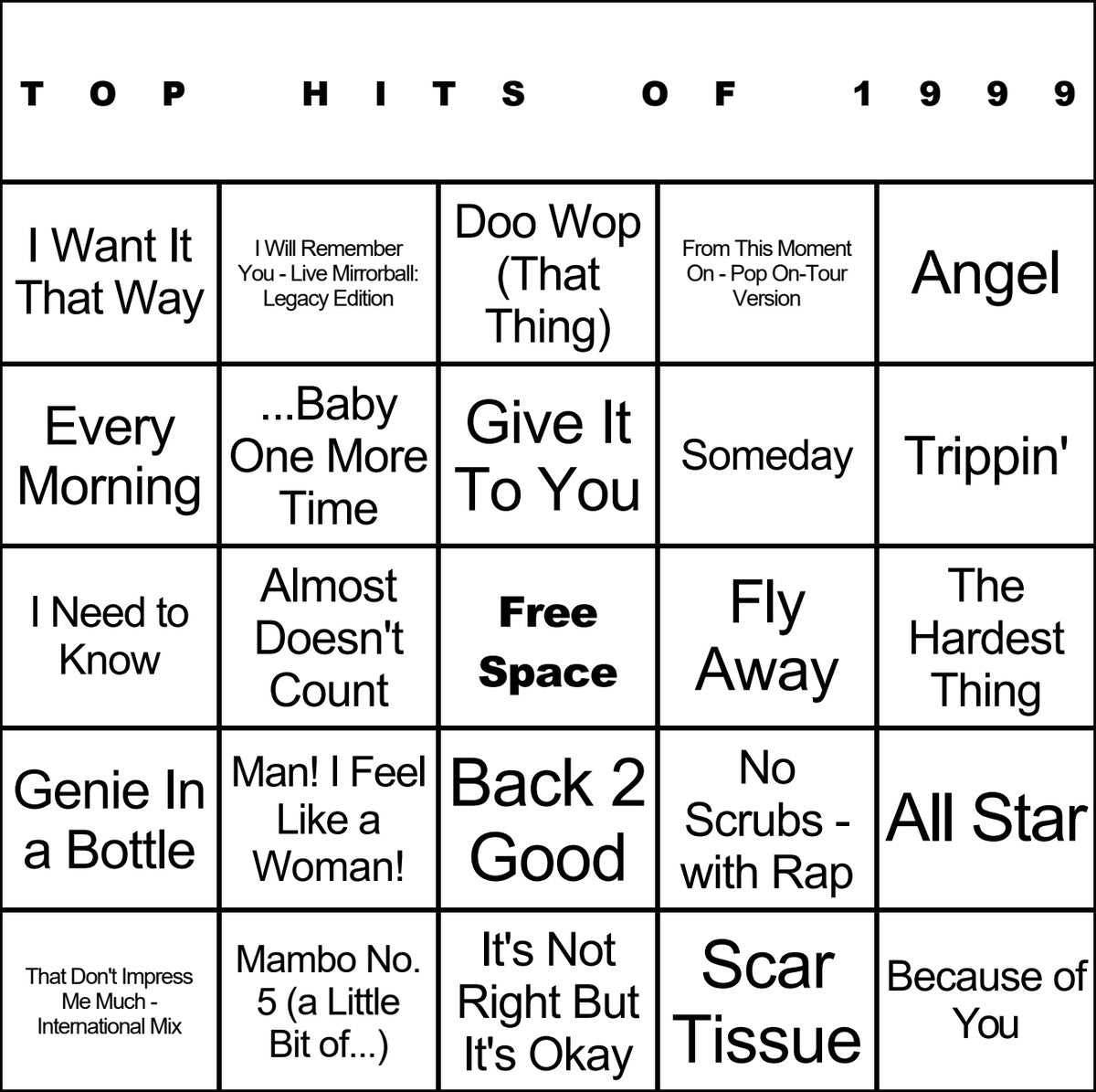 Top Hits of 1999 laminated music bingo card example