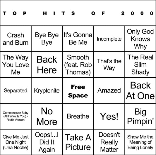 Top Hits of 2000 laminated music bingo card example