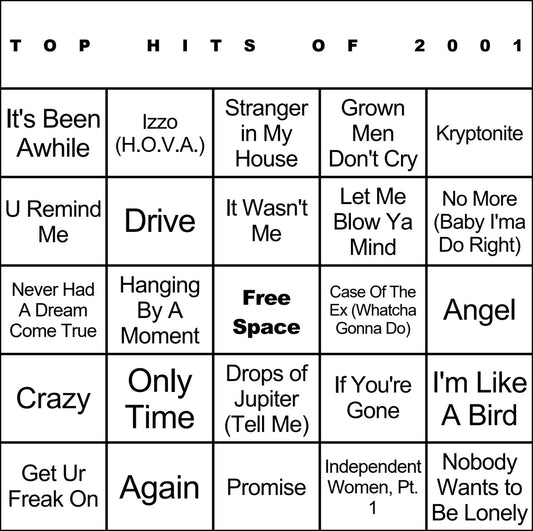 Top Hits of 2001 laminated music bingo card example