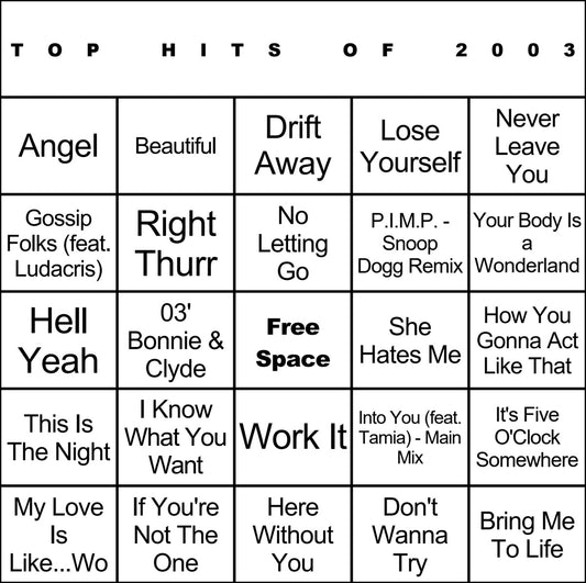 Top Hits of 2003 laminated music bingo card example