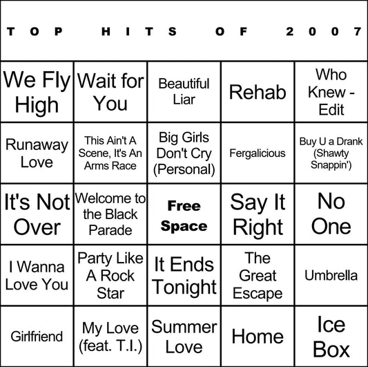 Top Hits of 2007 laminated music bingo card example