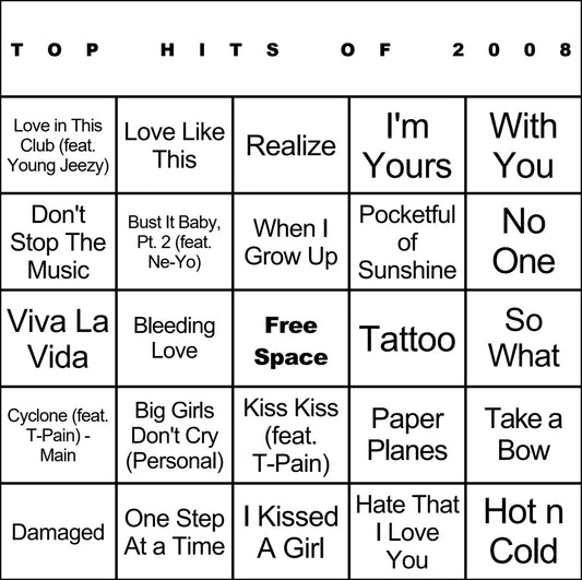 Top Hits of 2008 laminated music bingo card example