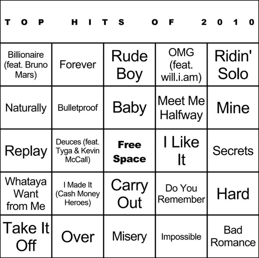 Top Hits of 2010 laminated music bingo card example