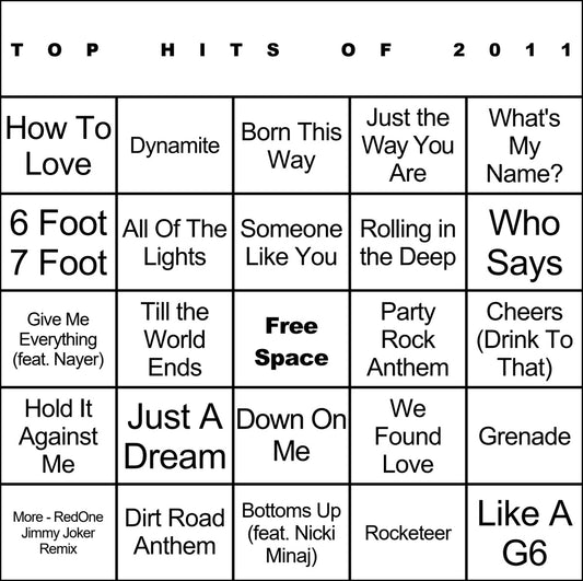 Top Hits of 2011 laminated music bingo card example