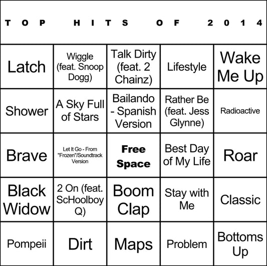 Top Hits of 2014 laminated music bingo card example