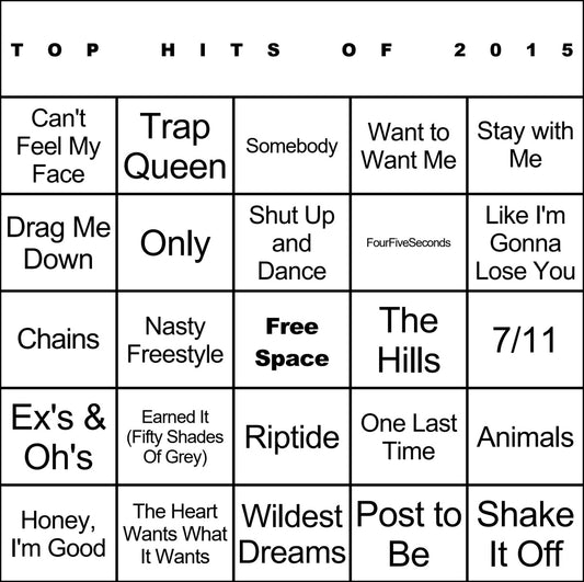Top Hits of 2015 laminated music bingo card example