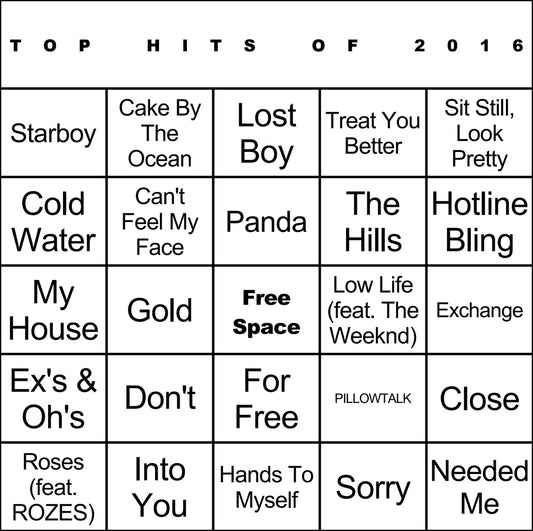 Top Hits of 2016 laminated music bingo card example