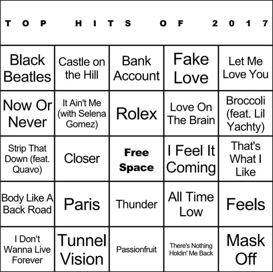Top Hits of 2017 laminated music bingo card example