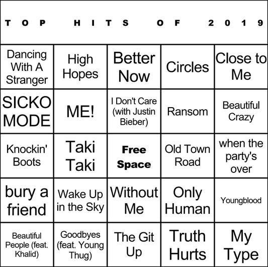 Top Hits of 2019 laminated music bingo card example