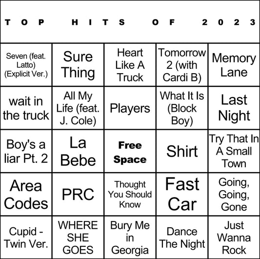 Top Hits of 2023 laminated music bingo card example