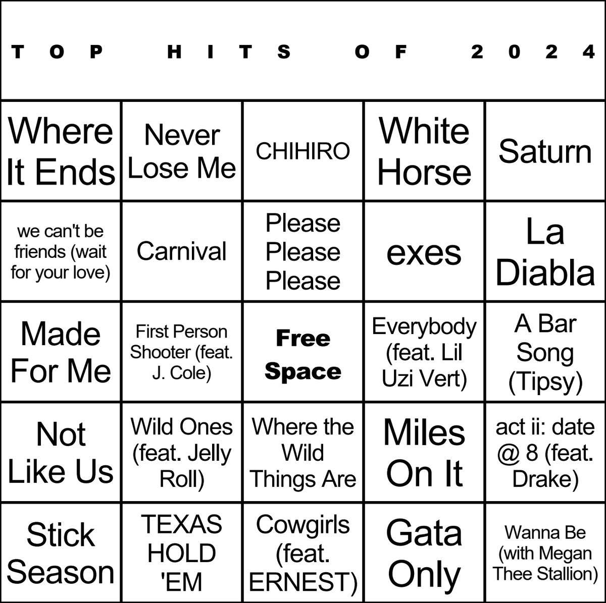 Top Hits of 2024 laminated music bingo card example