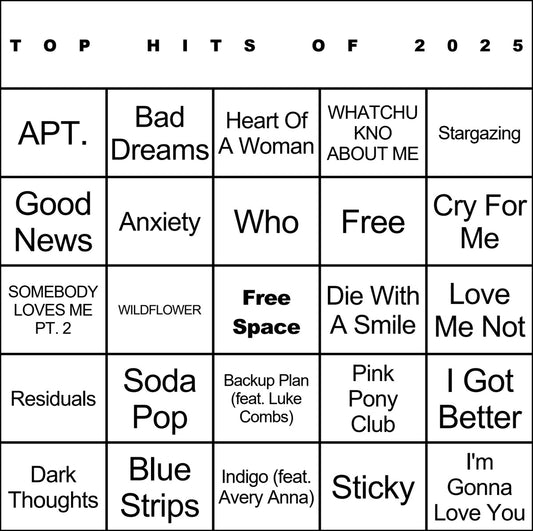 Top Hits of 2025 laminated music bingo card example