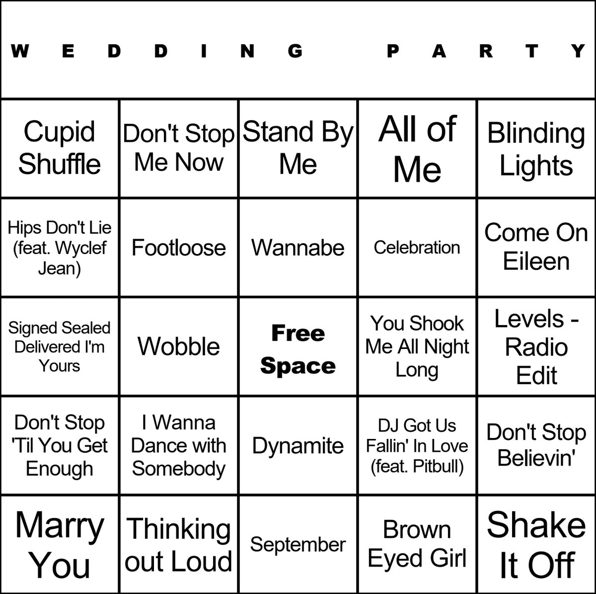 Wedding Party laminated music bingo card example