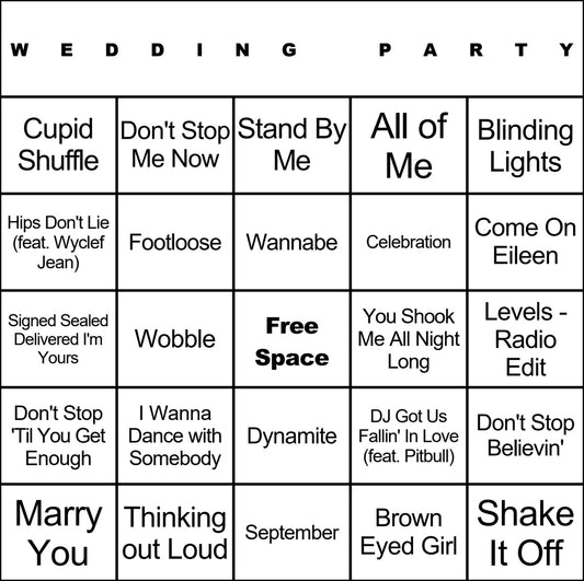 Wedding Party laminated music bingo card example
