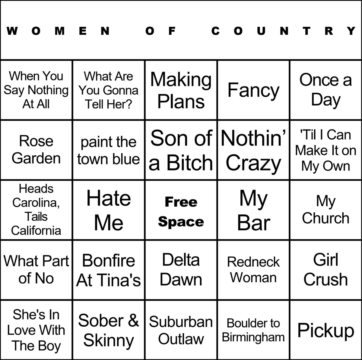 Women of Country laminated music bingo card example