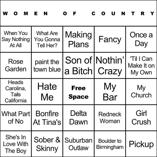 Women of Country laminated music bingo card example