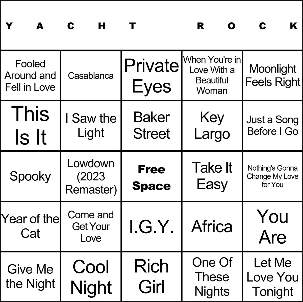 Yacht Rock laminated music bingo card example