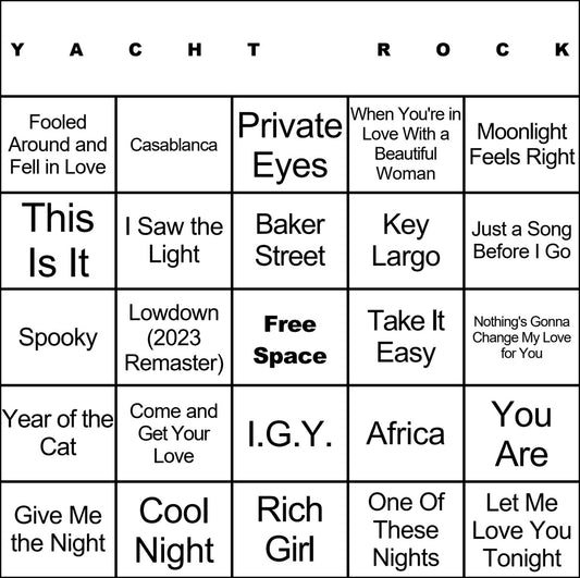 Yacht Rock laminated music bingo card example